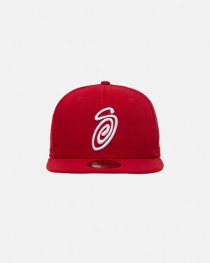 Stussy New Era 59Fifty Curly S - Unisex Czerwone | SPLNY51031