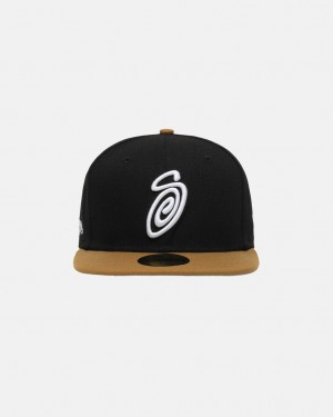 Stussy New Era 59Fifty Curly S - Unisex Czarne Złote | FPLHY81456