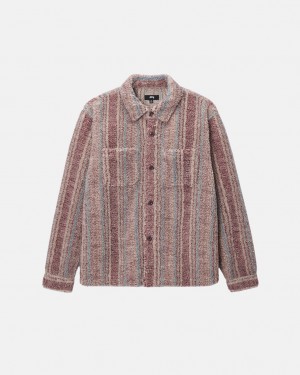 Stussy W Paski Sherpa Shirt - Unisex Tops Shirts Czerwone | DPLKV77088