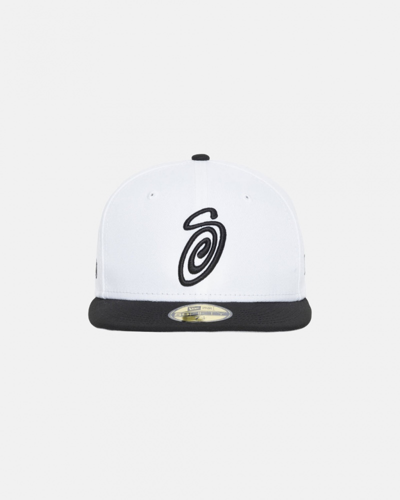 Stussy New Era 59Fifty Curly S - Unisex Białe Czarne | PLEGJ14521