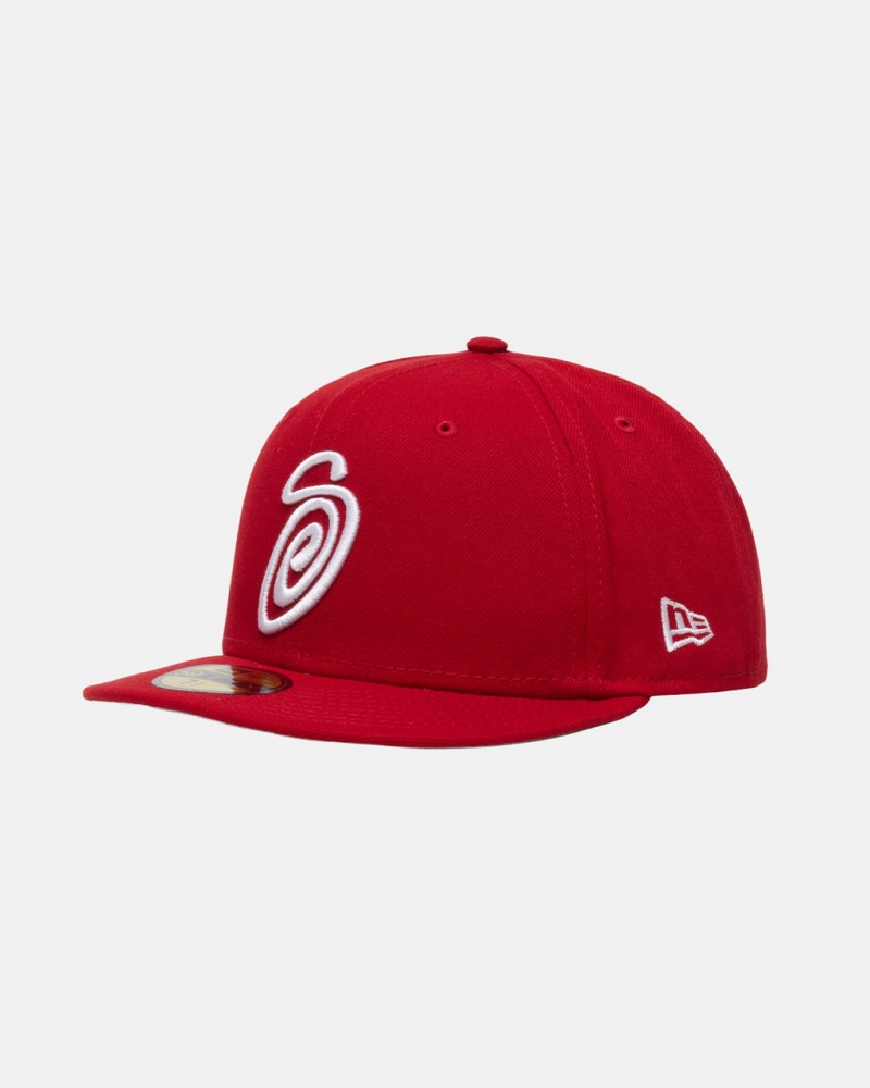 Stussy New Era 59Fifty Curly S - Unisex Czerwone | SPLNY51031