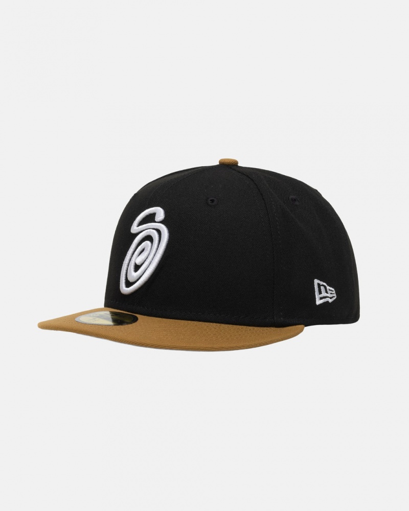 Stussy New Era 59Fifty Curly S - Unisex Czarne Złote | FPLHY81456