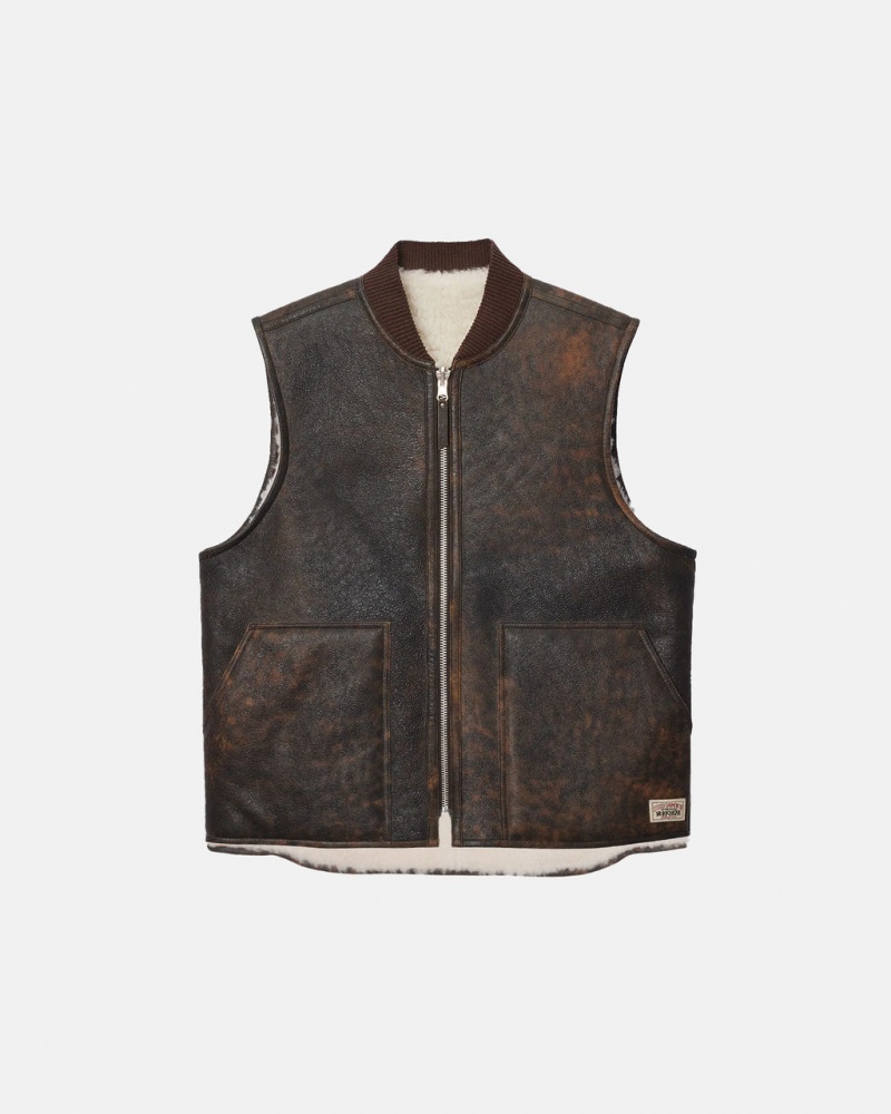 Stussy Reversible Shearling Workgear Vest - Unisex Jackets Brązowe | YPLVQ76830