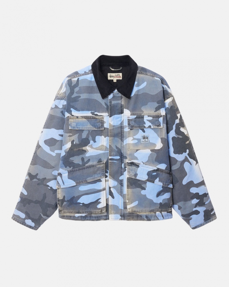 Stussy Shop Jacket Spray Dye Płócienne - Unisex Jackets Niebieskie Camo | GPLEC71217