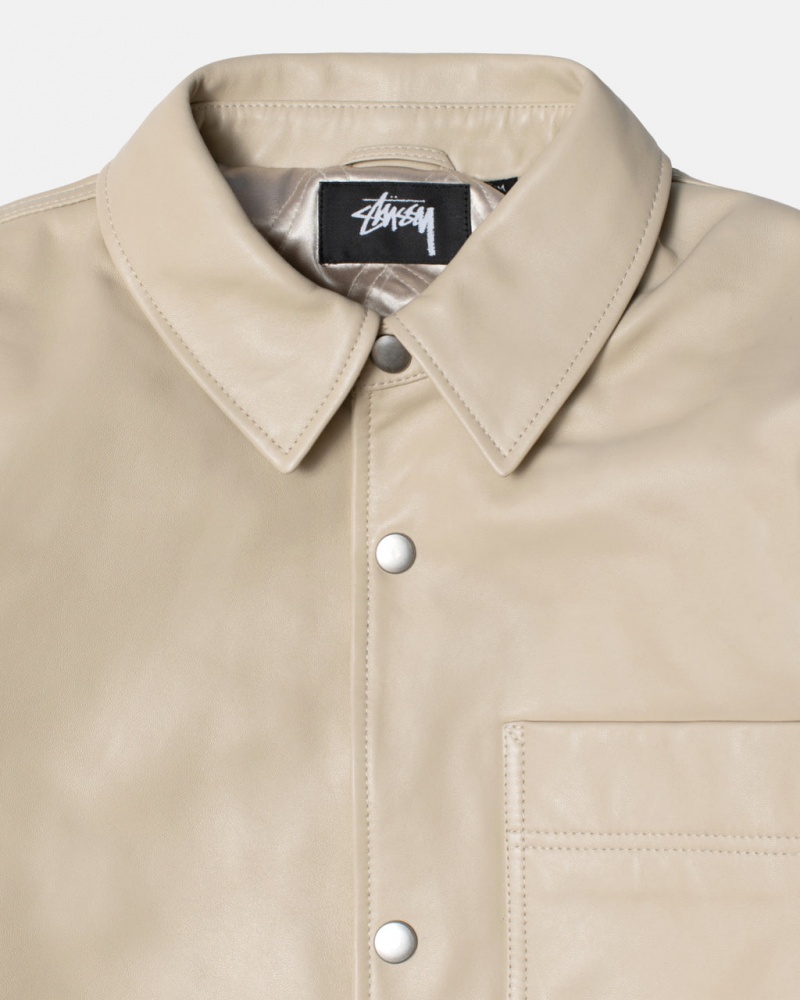 Stussy Skórzane Overshirt - Unisex Tops Beżowe | APLDF42696