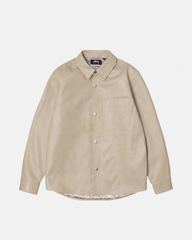 Stussy Skórzane Overshirt - Unisex Tops Beżowe | APLDF42696