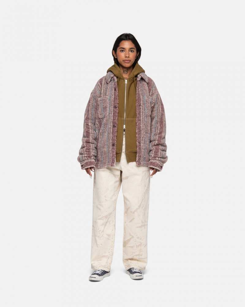 Stussy W Paski Sherpa Shirt - Unisex Tops Shirts Czerwone | DPLKV77088