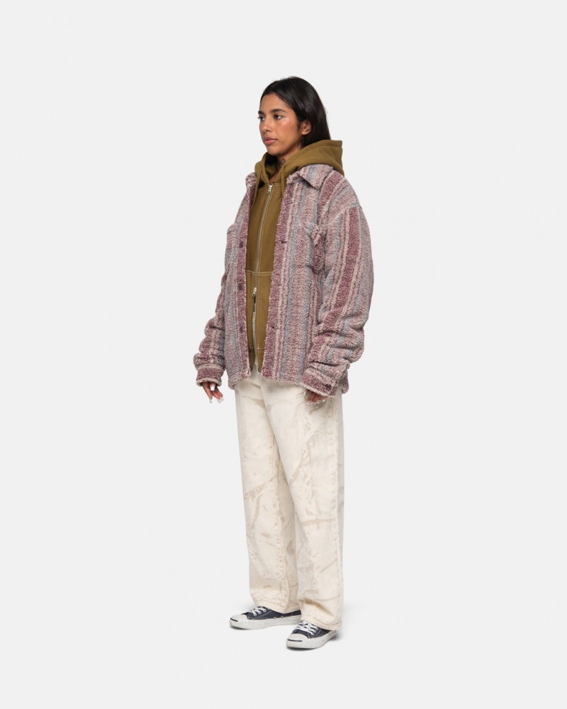 Stussy W Paski Sherpa Shirt - Unisex Tops Shirts Czerwone | DPLKV77088