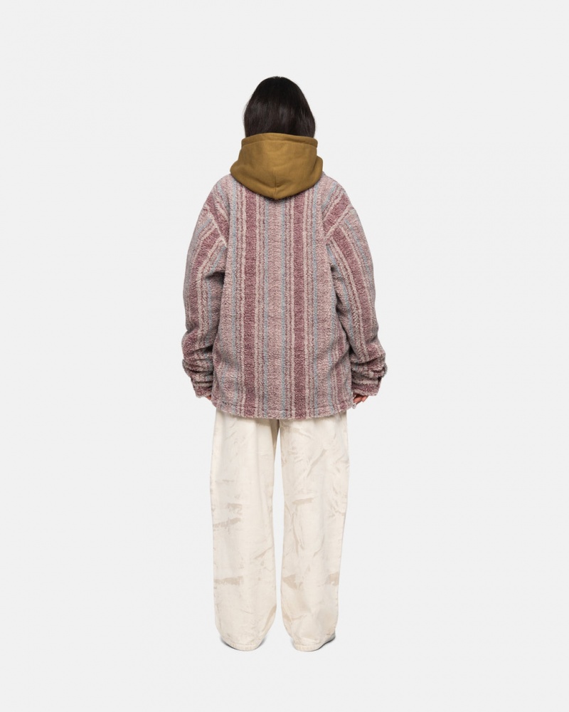 Stussy W Paski Sherpa Shirt - Unisex Tops Shirts Czerwone | DPLKV77088