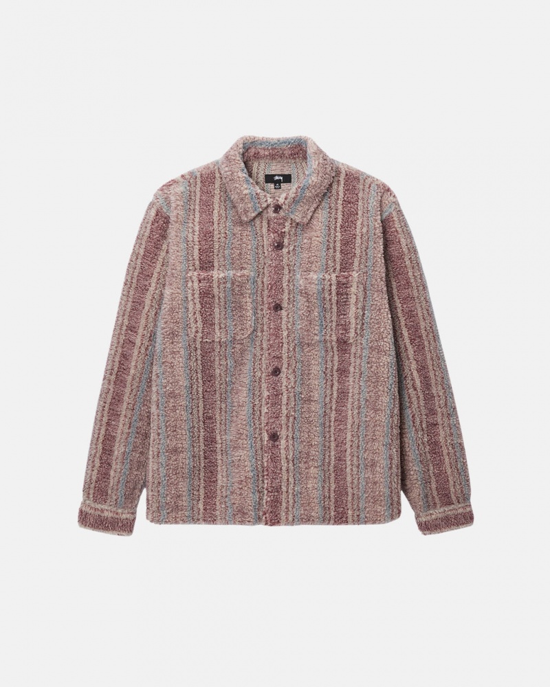 Stussy W Paski Sherpa Shirt - Unisex Tops Czerwone | UPLTG89605