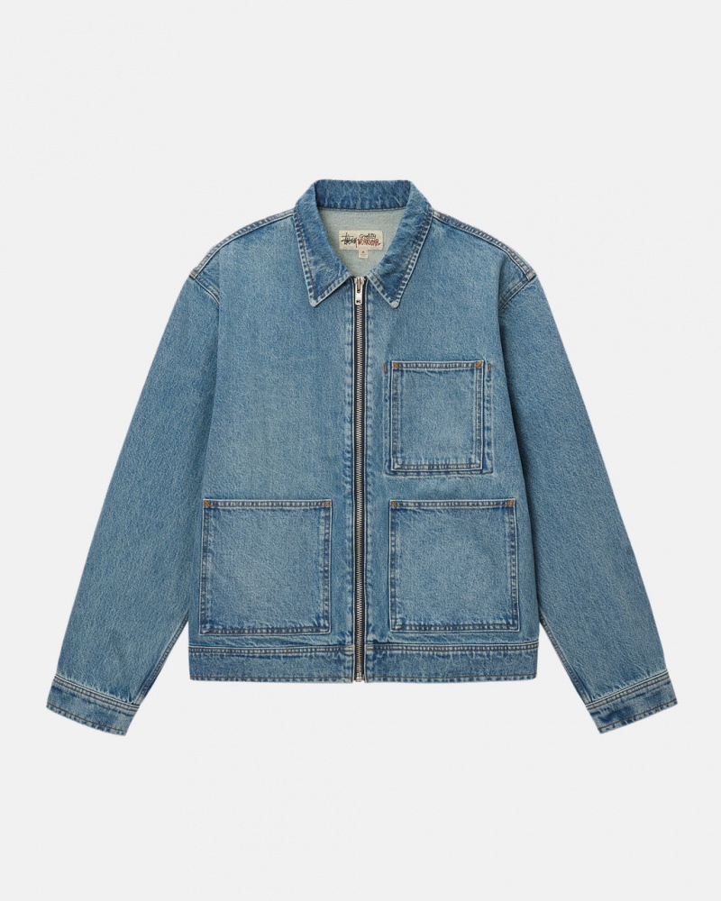 Stussy Zip Robocze Jacket Denim - Unisex Jackets Niebieskie | PLXMI16691